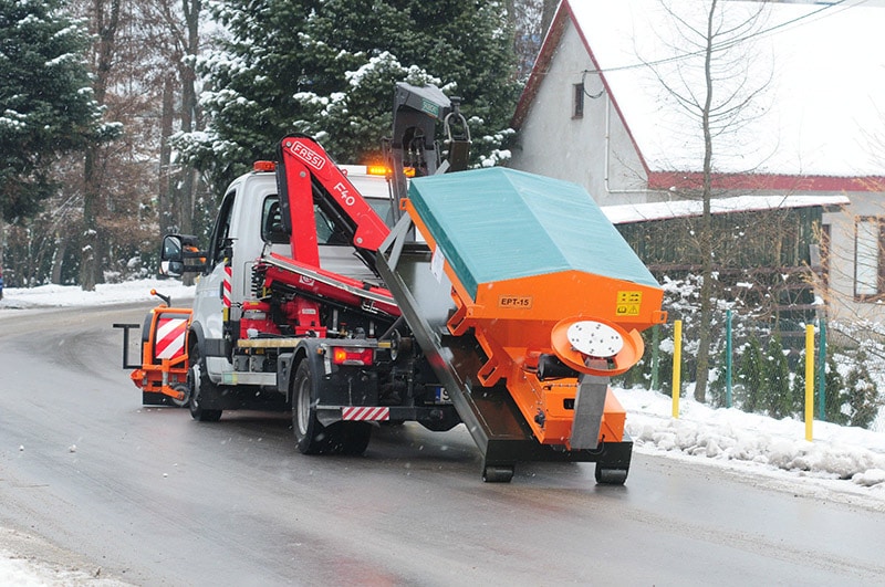 Pronar 1.5 cubic meter hook loader mounted road salt spreader gritter. From Agritrend Ltd