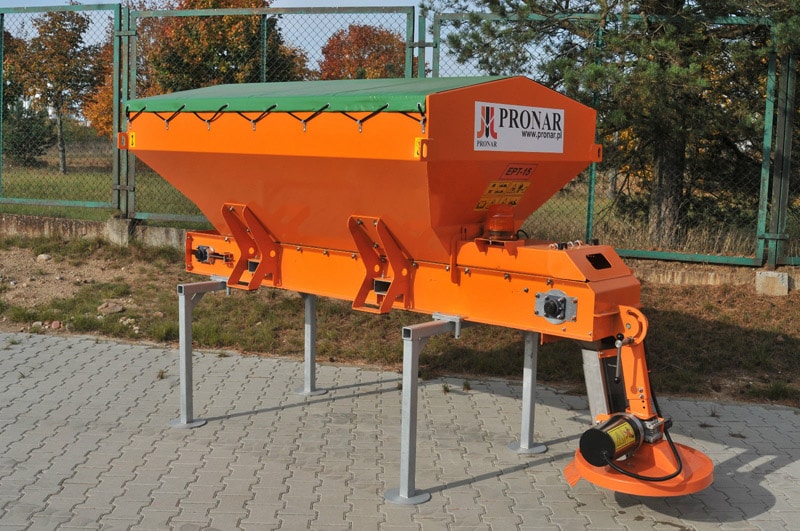 Pronar body mounted 1.5 cubic meter road salt gritter spreader on parking stand